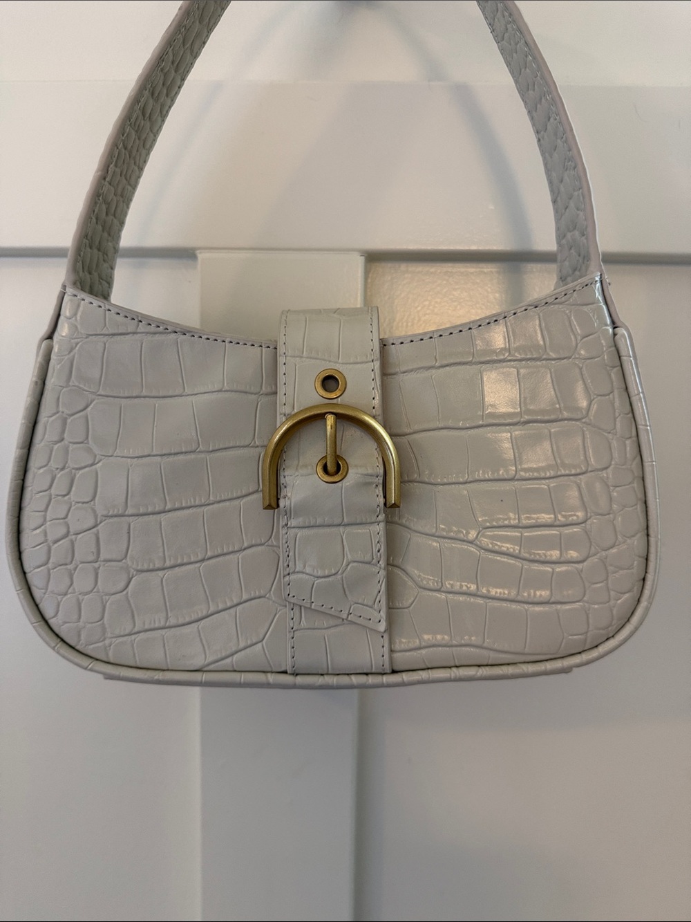 Vince Camuto Croc-Embossed Mini Shoulder Bag in Light Gray with Gold Hardware